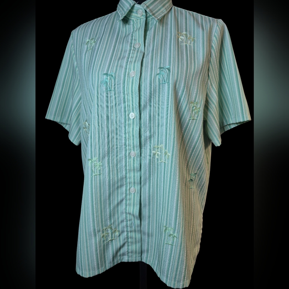 Vintage Bon Worth Women’s Palm Tree Embroidered Blouse – Size Small Petite